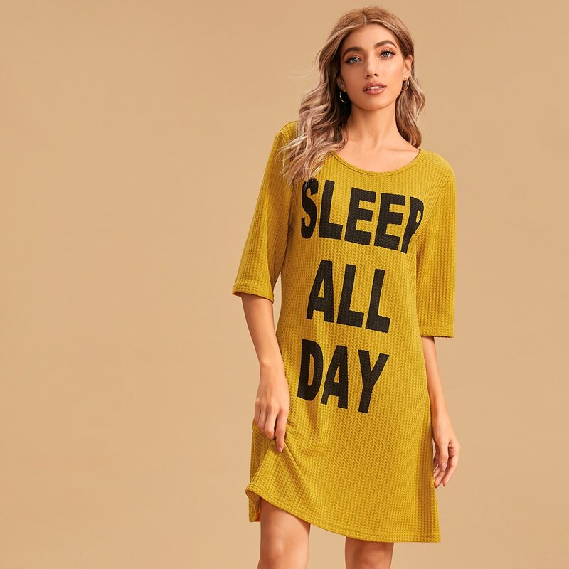 

Slogan Graphic Half Sleeve Night Dress, Yellow