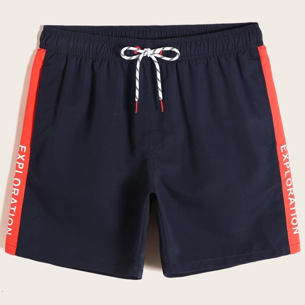 

Men Letter Graphic Drawstring Waist Swim Trunks, Navy blue