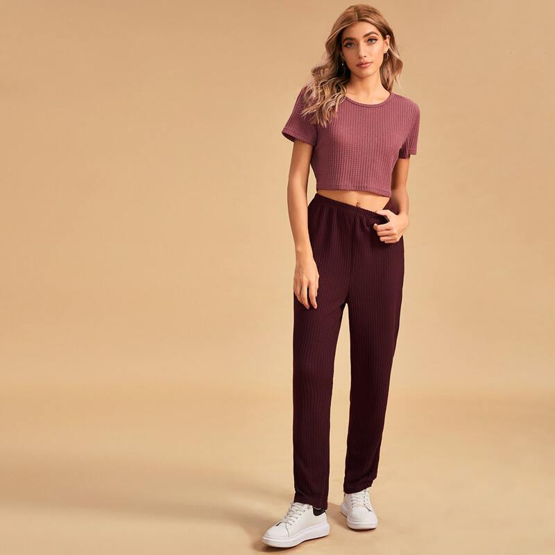 

Rib-knit Short Sleeve PJ Set, Burgundy