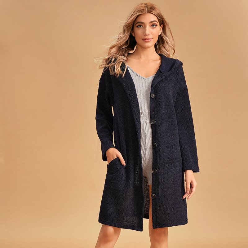 

Button Through Drop Shoulder Hooded Robe, Navy blue