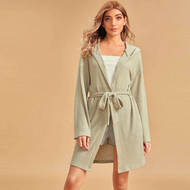 

Solid Hooded Drop Shoulder Belted Robe, Grey