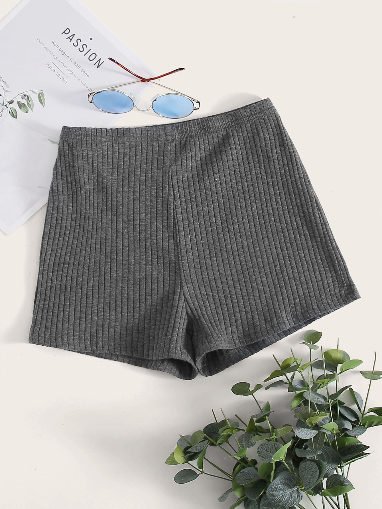 SHEIN EZwear Elastic Waist Rib-knit Shorts - Grey - View 1