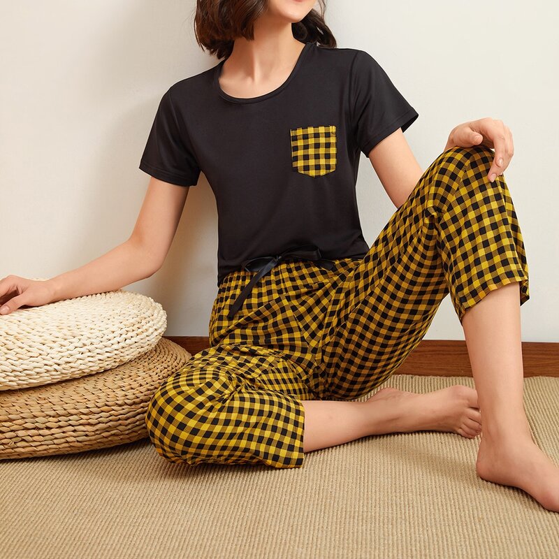 

Pocket Tee & Gingham Print PJ Set, Multicolor