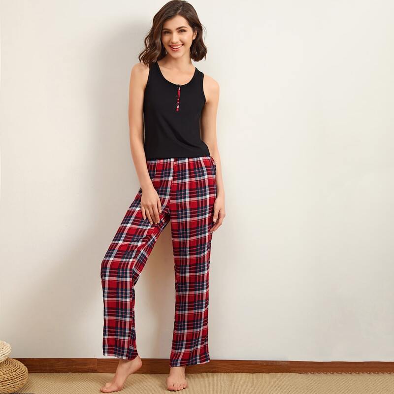 

Button Front Tank Top & Plaid Pants Set, Multicolor