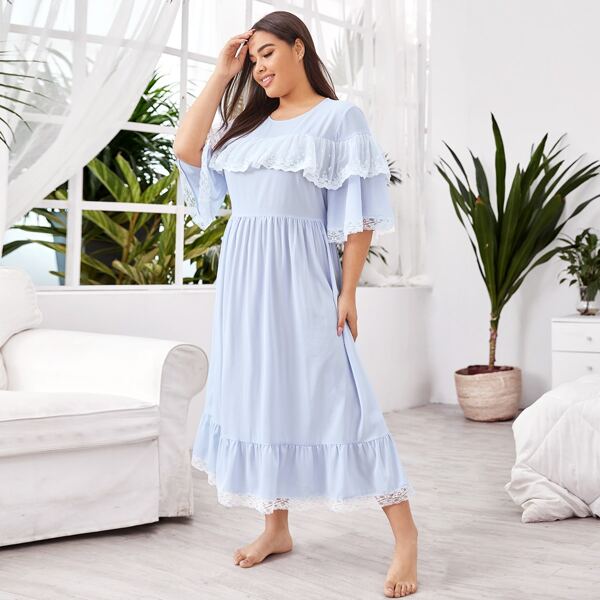 

Plus Tie Back Embroidered Mesh Ruffle Trim Night Dress, Blue pastel