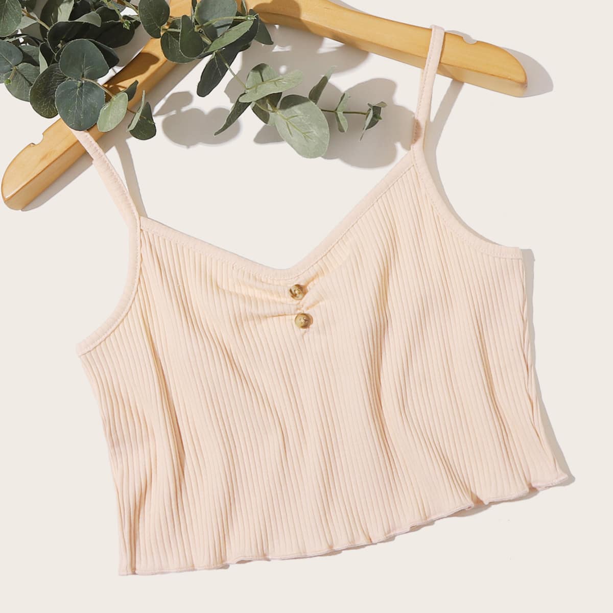 

Ribbed Button Crop Cami, Beige