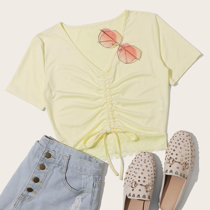 

Drawstring Front Crop Top, Yellow pastel