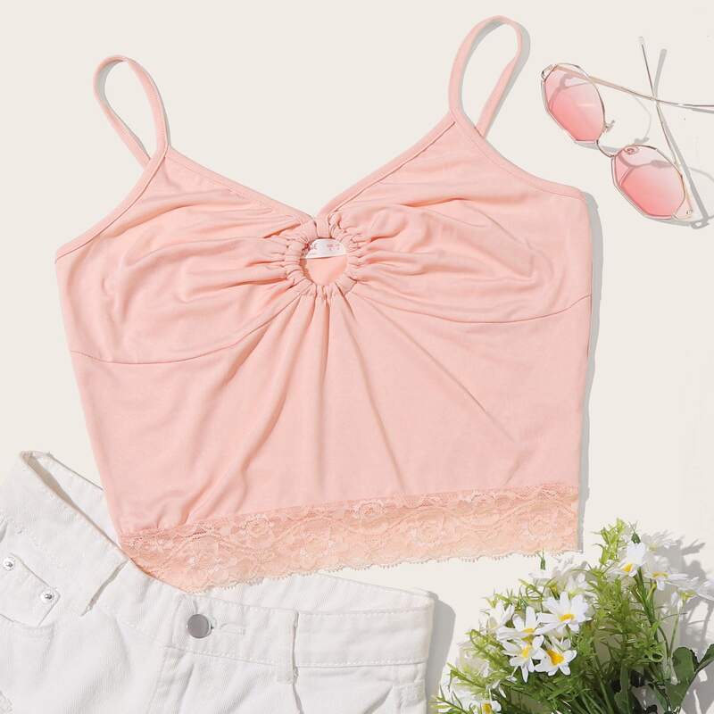 

Lace Hem Cutout Crop Cami, Pink
