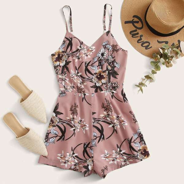 

Floral Zip Back Cami Romper, Pink
