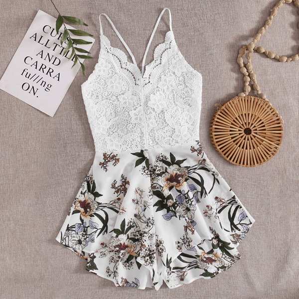 

Floral Tie Back Contrast Lace Cami Romper, Multicolor