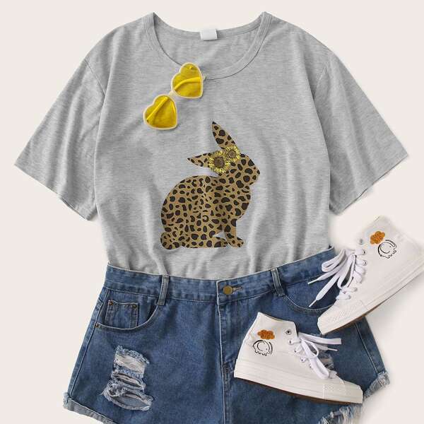 

Plus Cartoon Rabbit & Sunflower Print Tee, Grey