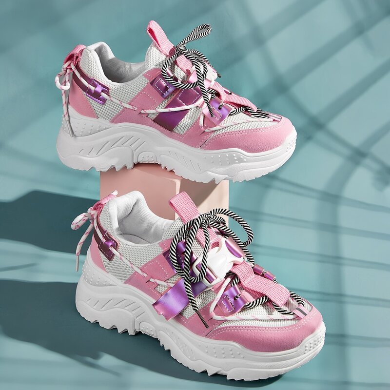

Release Buckle Lace-up Front Chunky Sneakers, Multicolor