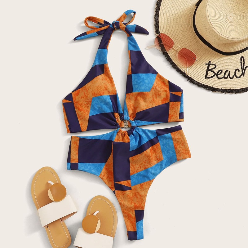 

Color Block Ring Linked One Piece Swimsuit, Multicolor