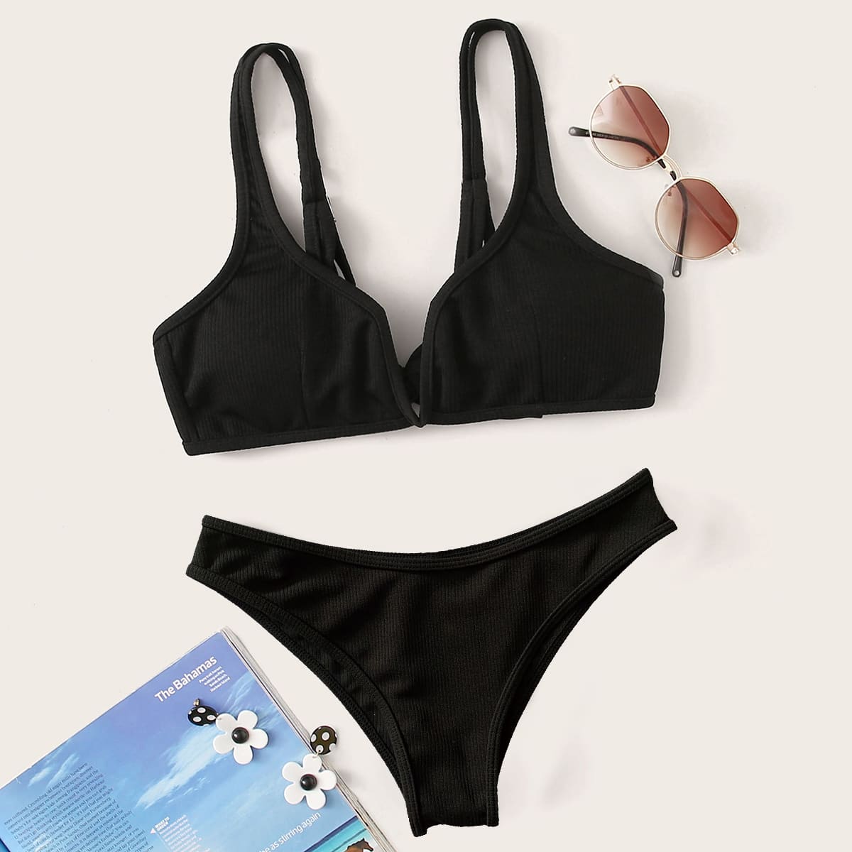 

Rib Tie Back V Wired Bikini Swimsuit, Black