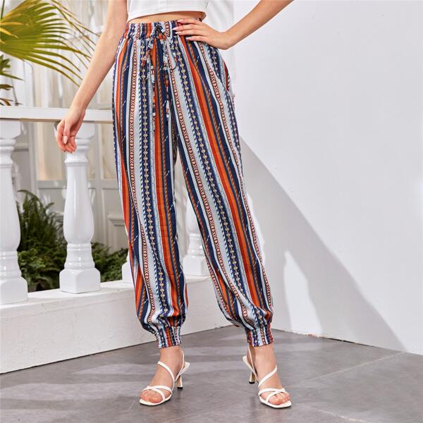 

Drawstring Waist Colorful Tribal Print Pants, Multicolor