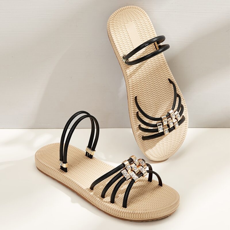 

Rhinestone Two Way Wear Flat Sandals, Black