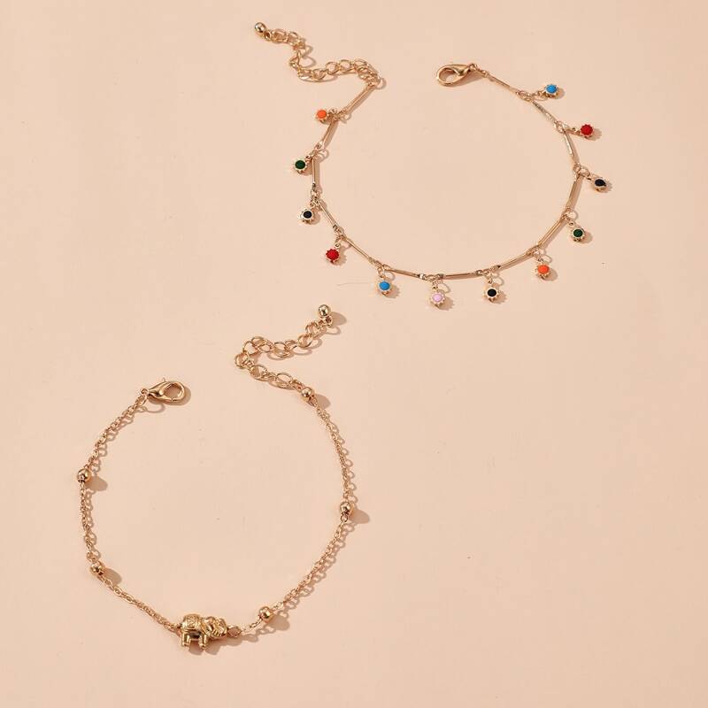 

2pcs Rhinestone Tassel Anklet, Gold