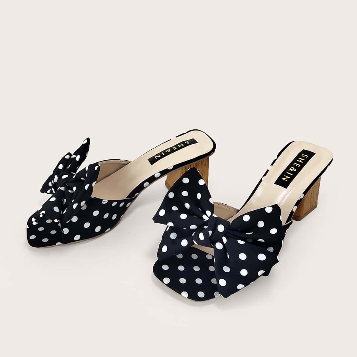 

Polka Dot Bow Decor Chunky Heeled Mules, Black