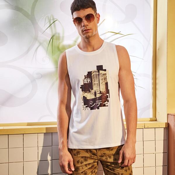 

Men Graphic Print Tank Top, White