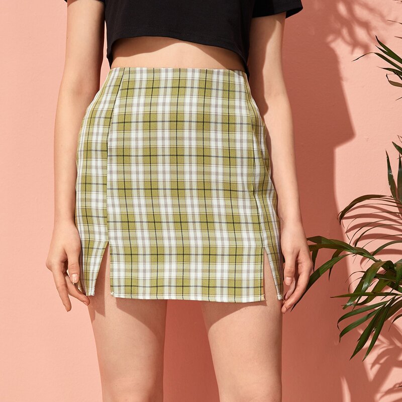 

Plaid Slit Hem Mini Skirt, Green