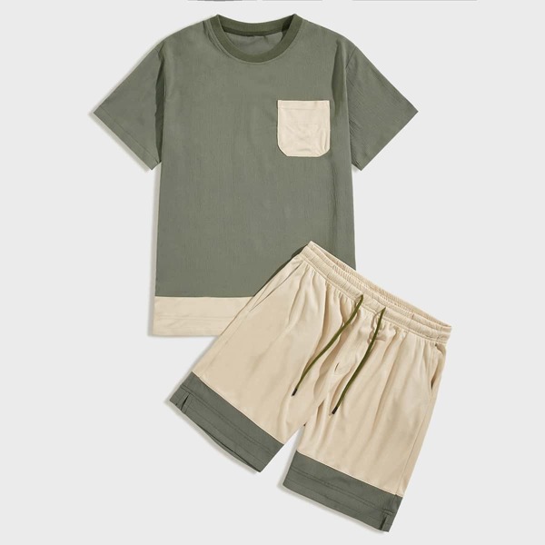 

Men Pocket Detail Color Block Tee With Shorts, Multicolor