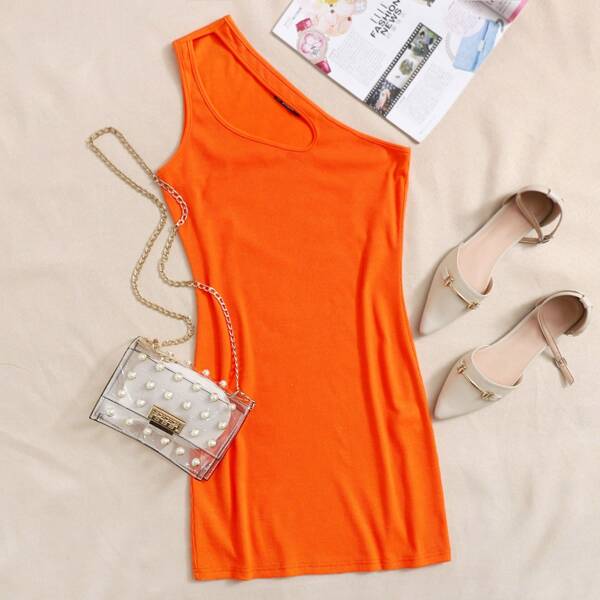 

Neon Orange Cutout One Shoulder Rib-knit Bodycon Dress, Orange bright
