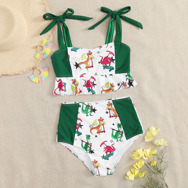

Cartoon Dinosaur Tie Shoulder Bikini Swimsuit, Multicolor