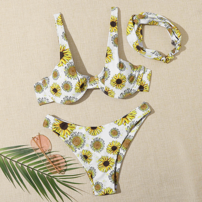 

Sunflower Print Underwire Bikini Swimsuit With Headband, Multicolor