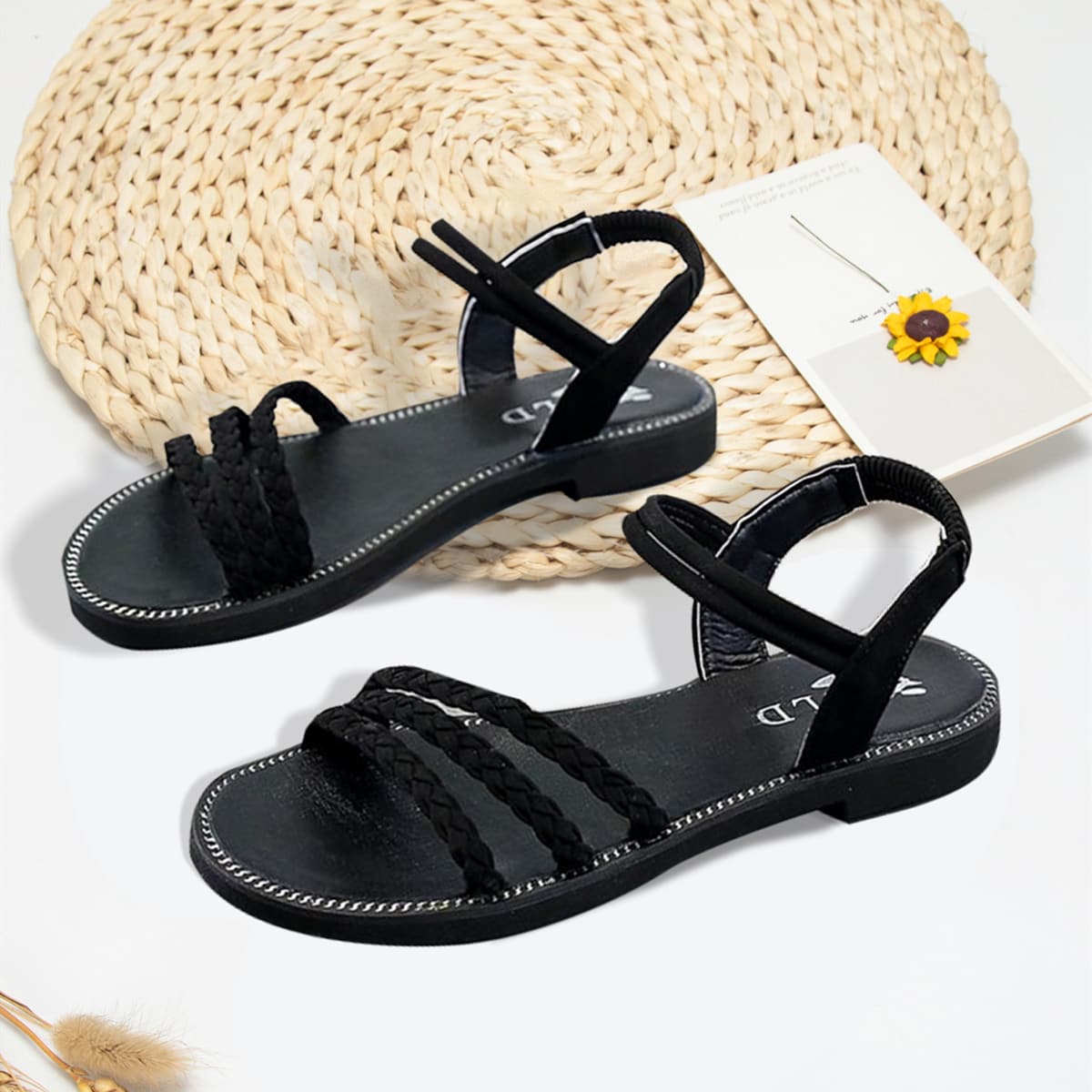 

Braided Strap Flat Sandals, Black