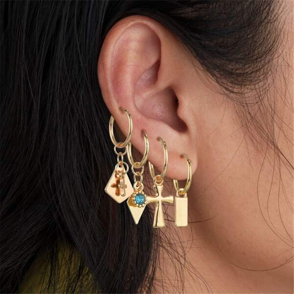 

4pairs Cross Drop Earrings, Gold