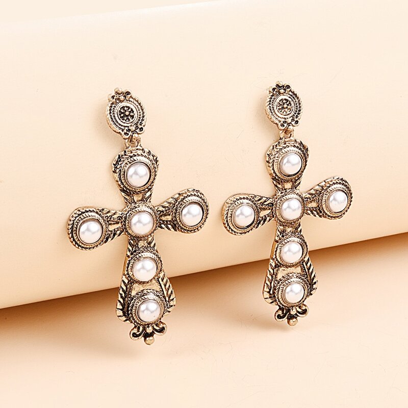 

Cross Charm Drop Earrings, Gold