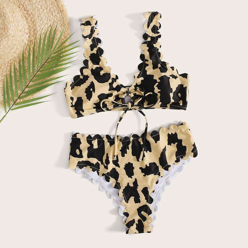 

Allover Print Scallop Trim Bikini Swimsuit, Multicolor