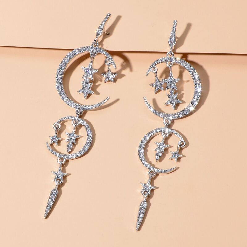 

Rhinestone Moon Star Earrings, Silver