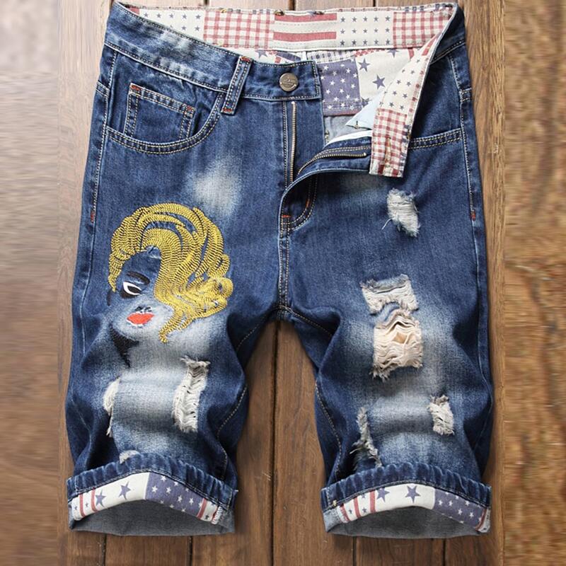 

Guys Face Graphic Ripped Denim Shorts, Blue