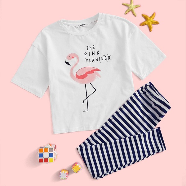 

Girls Flamingo & Slogan Graphic Top & Striped Leggings Set, Multicolor