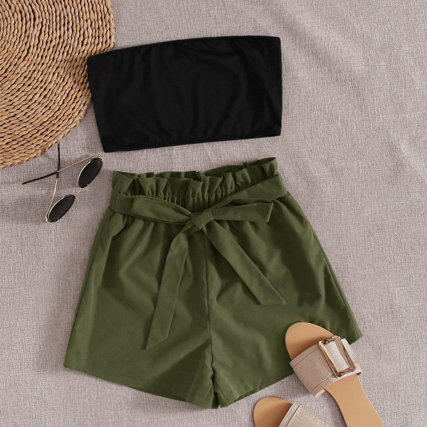 

Tube Crop Top & Paperbag Waist Belted Shorts, Multicolor
