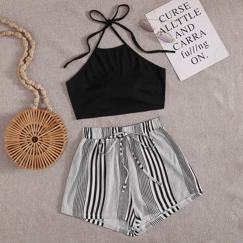 

Tie Back Halter Crop Top & Striped Drawstring Shorts, Black and white