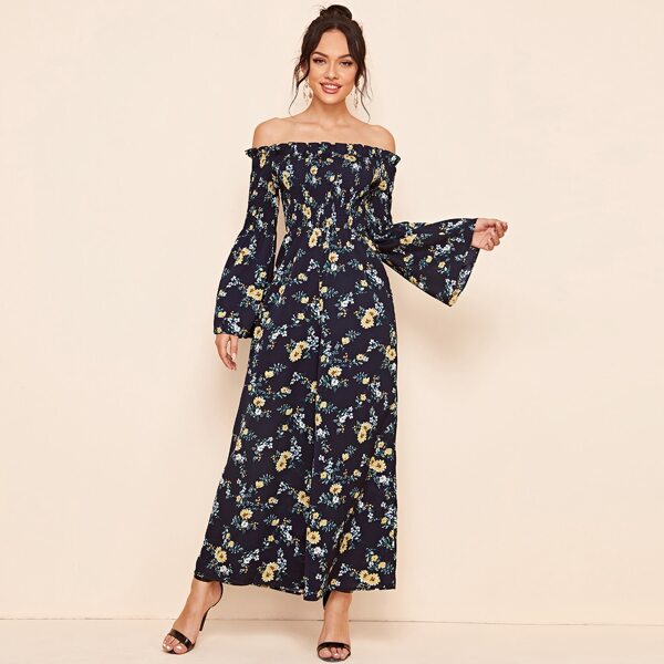 

Off Shoulder Bell Sleeve Shirred Palazzo Jumpsuit, Navy blue