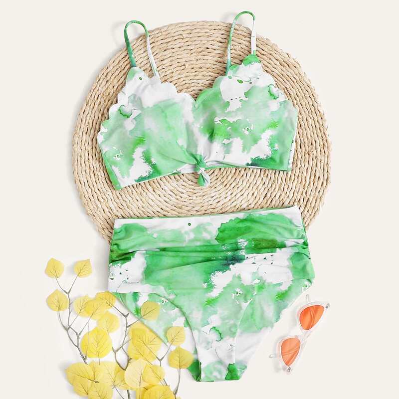 

Tie Dye Ruched High Waisted Bikini Swimsuit, Green