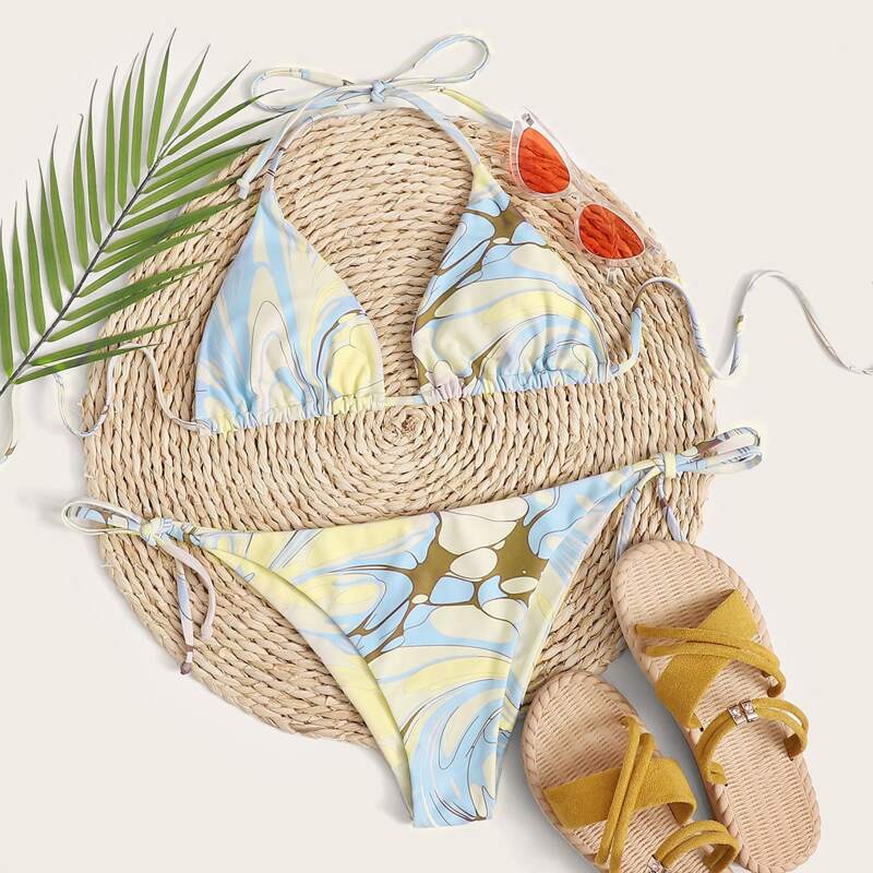 

Graphic Print Triangle Tie Side Bikini Swimsuit, Multicolor
