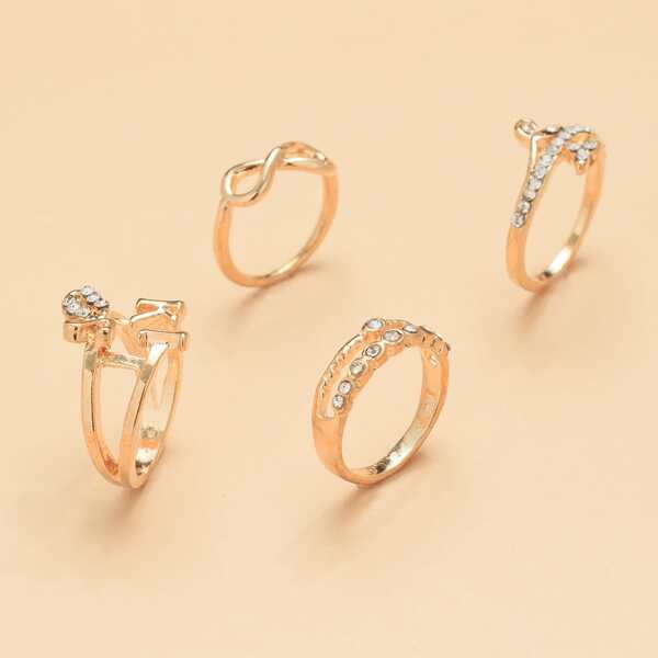 

4pcs Rhinestone Engraved Ring, Gold