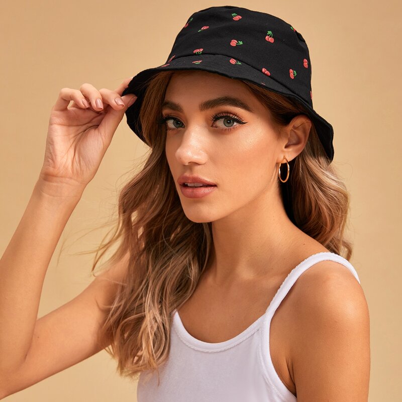 

Cherry Pattern Bucket Hat, Black