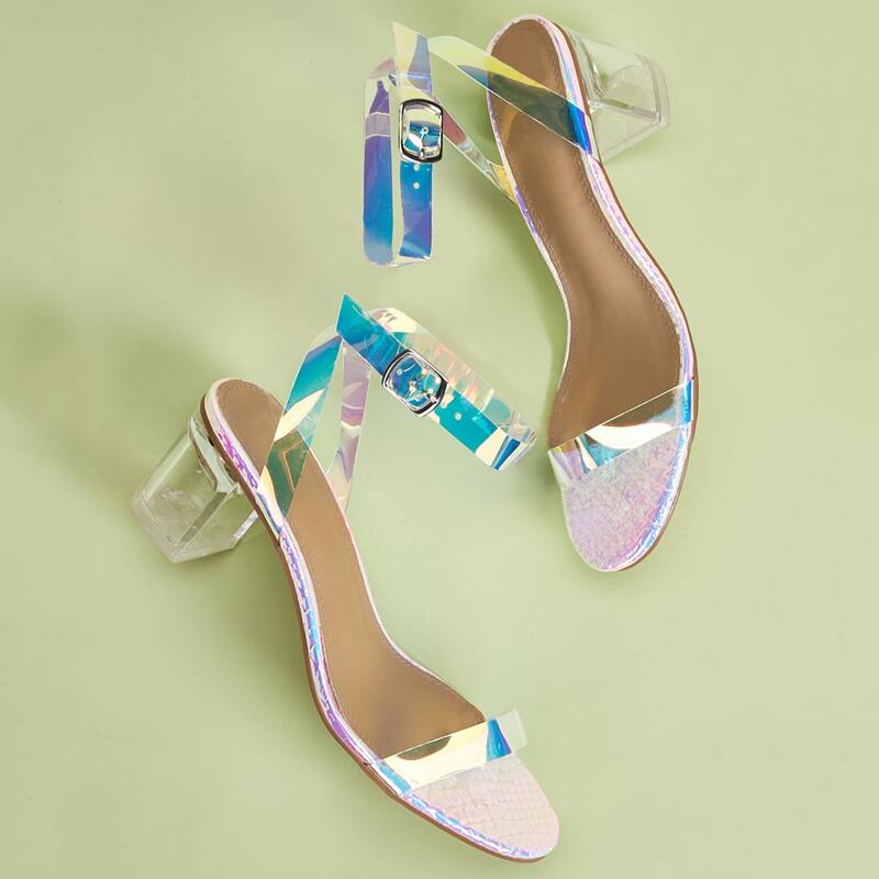 

Holographic Ankle Strap Chunky Heels