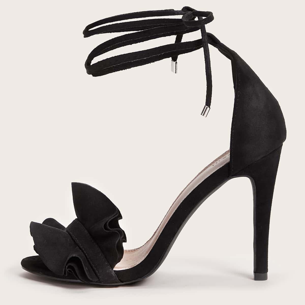 

Ruffle Decor Tie Leg Stiletto Heels, Black