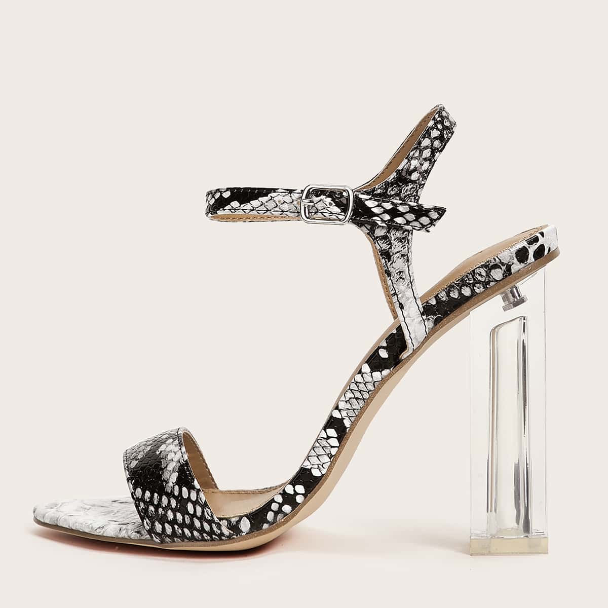 

Snakeskin Open Toe Ankle Strap Heels, Multicolor