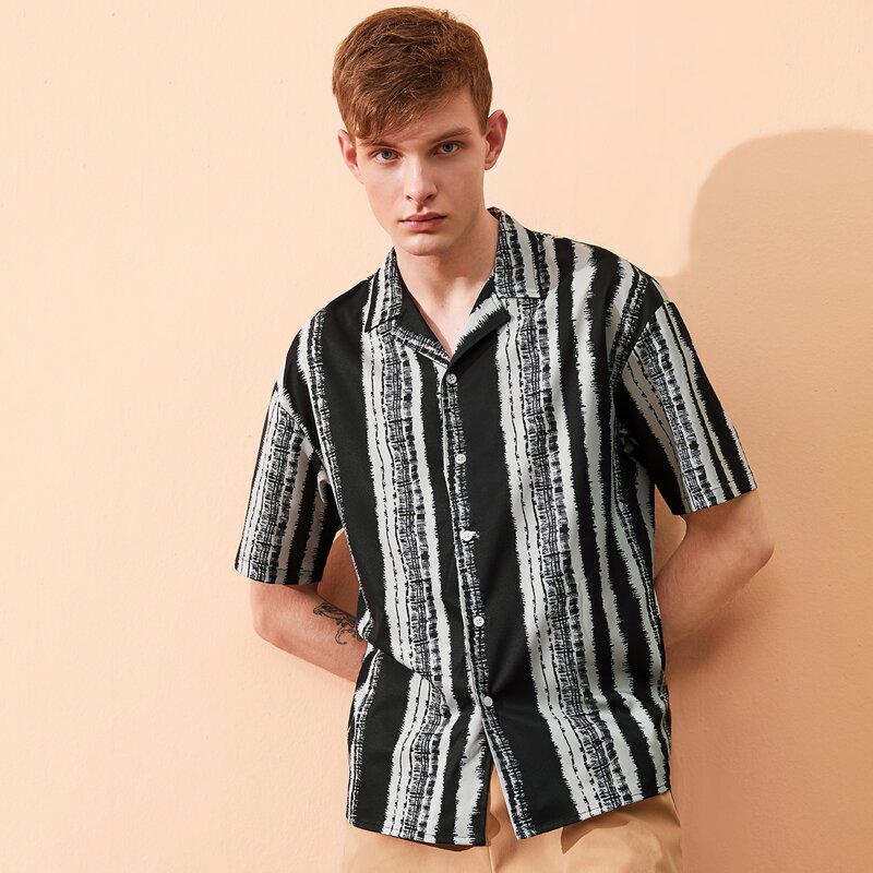 

Guys Revere Collar Striped Shirt, Black and white