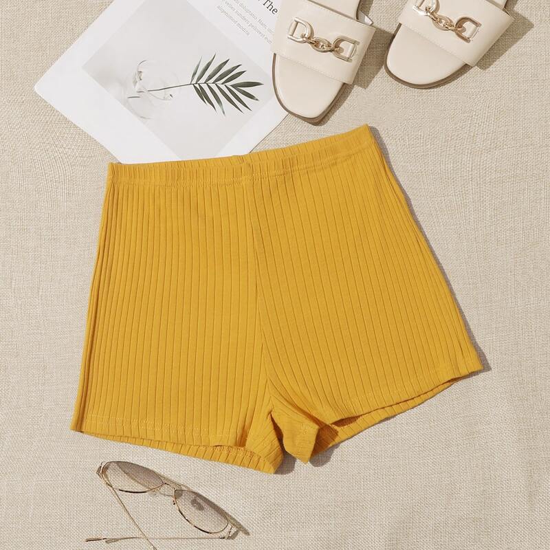 

Elastic Waist Rib-knit Shorts, Yellow