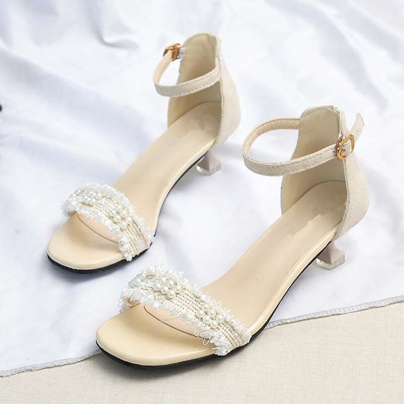 

Faux Pearl Decor Ankle Strap Heels, Beige