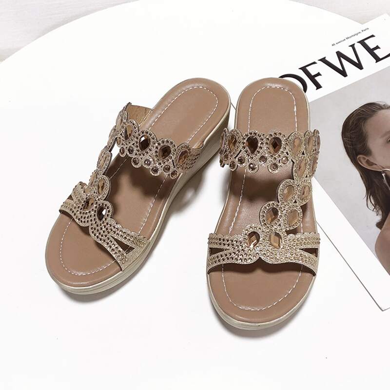 

Gemstone & Rhinestone Detail Wedge Mules