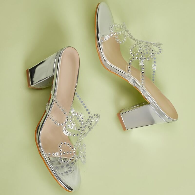 

Clear Studded Decor Chunky Heeled Mules